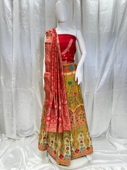 Banarasi silk Contrast Lehenga (Mustard with Red)