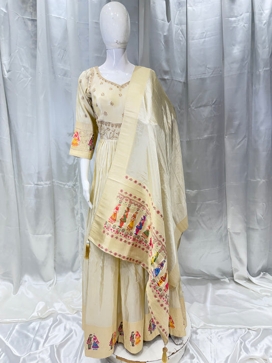 Banarasi Silk Madhubani Zardozi Gown (Beige)