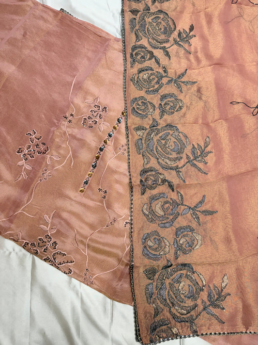 Designer chiniya silk with tissue duppata dress material (Almond)