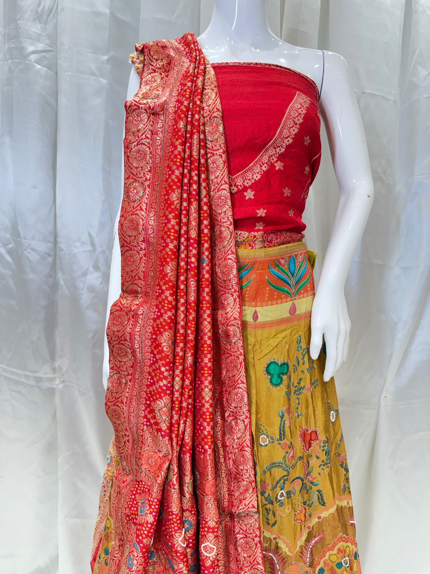 Banarasi silk Contrast Lehenga (Mustard with Red)