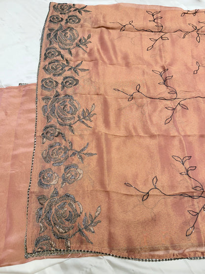 Designer chiniya silk with tissue duppata dress material (Almond)