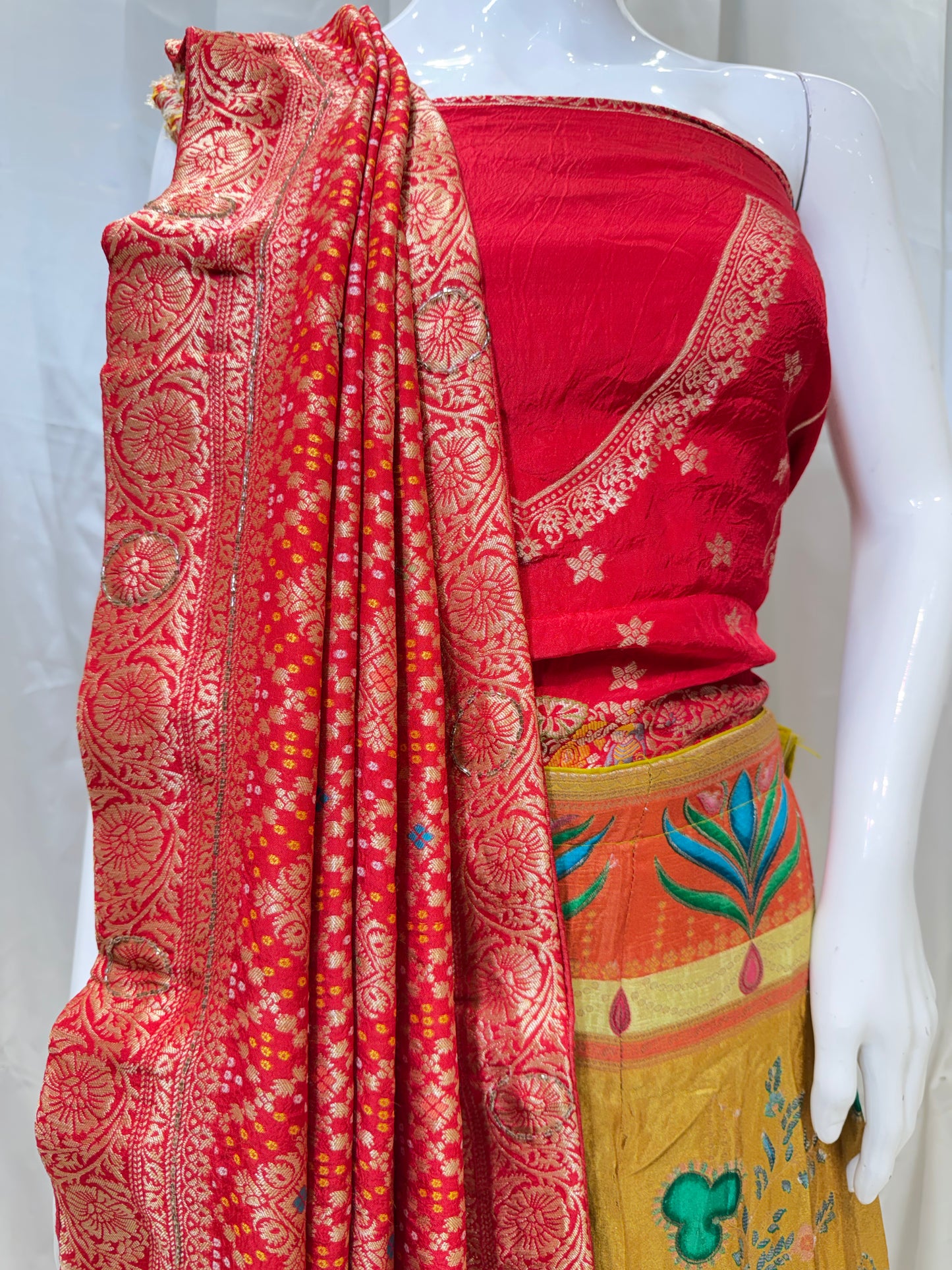Banarasi silk Contrast Lehenga (Mustard with Red)