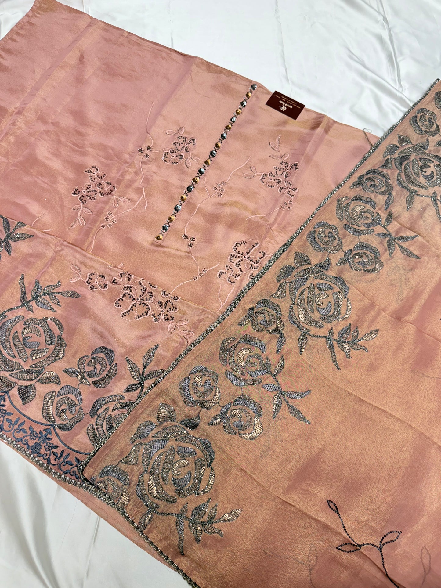 Designer chiniya silk with tissue duppata dress material (Almond)