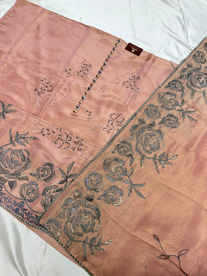 Designer chiniya silk with tissue duppata dress material (Almond)
