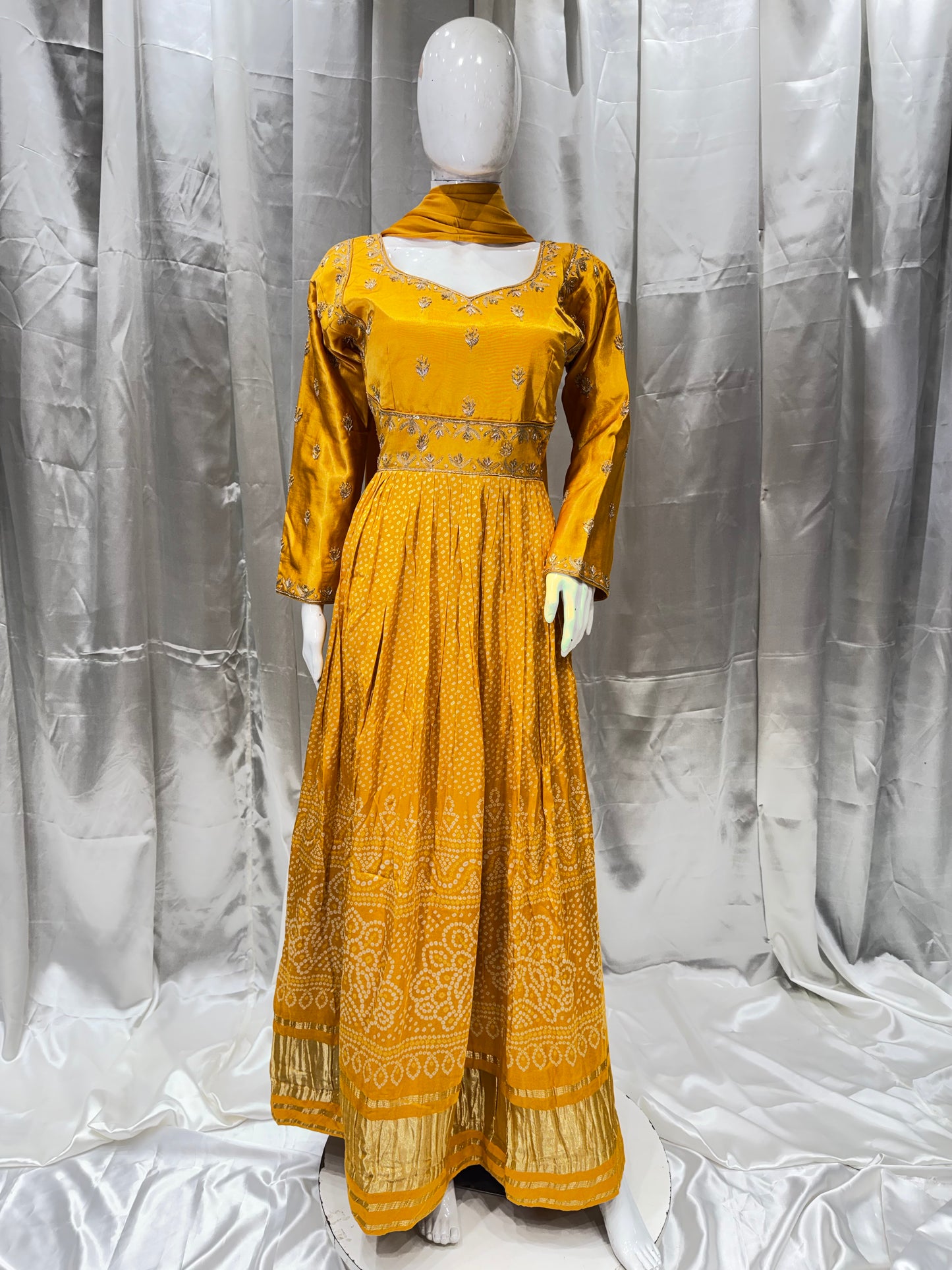 Silk Wedding Zardozi Gown (Mustard)