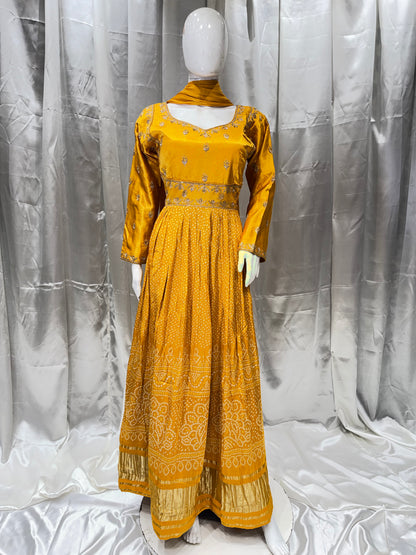 Silk Wedding Zardozi Gown (Mustard)
