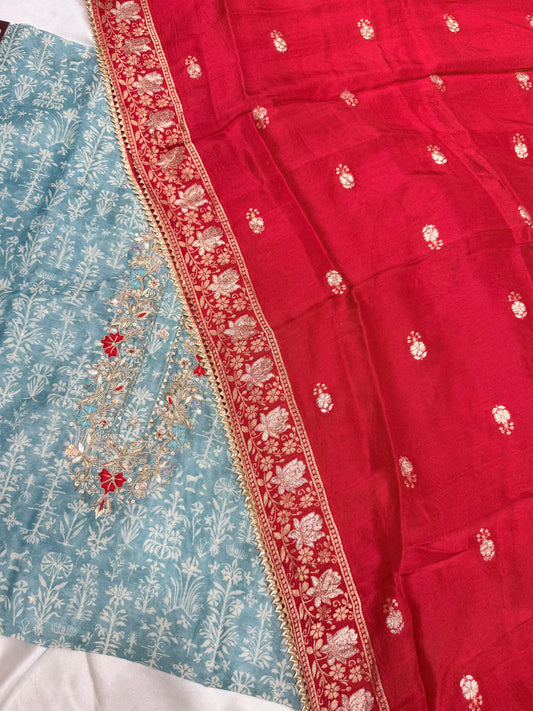 Linen silk handwork dress material with Banarasi Dupatta (sea green)