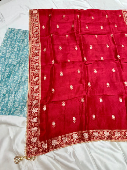 Linen silk handwork dress material with Banarasi Dupatta (sea green)