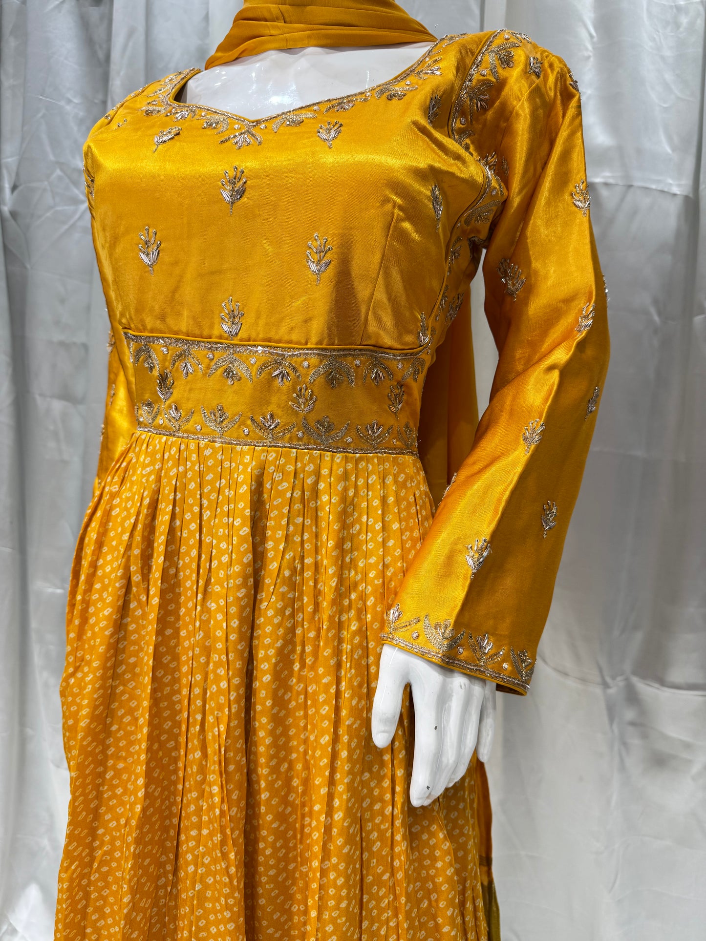 Silk Wedding Zardozi Gown (Mustard)