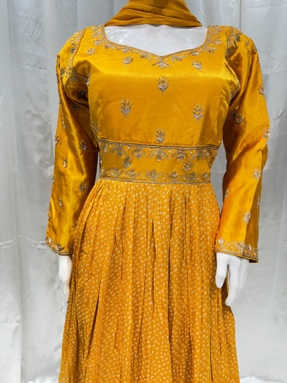 Silk Wedding Zardozi Gown (Mustard)