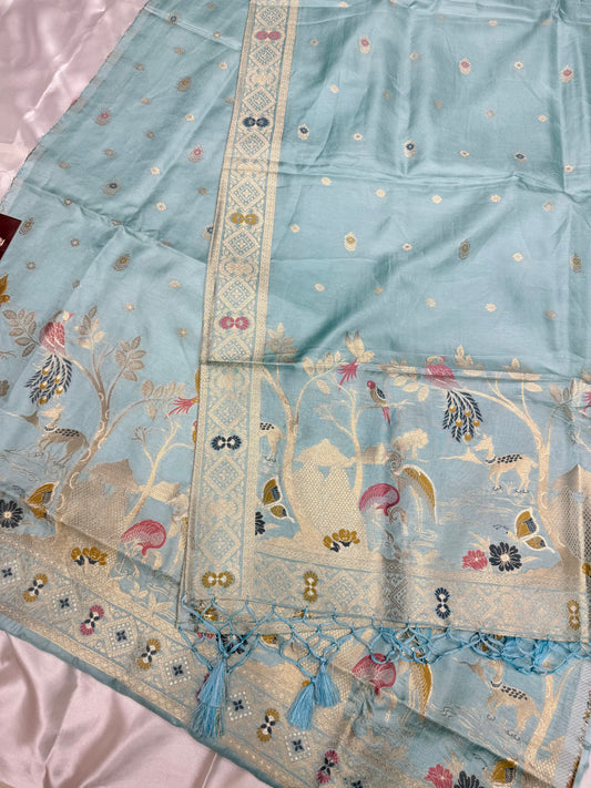 Madhubani Soft Silk dress material (Aqua Blue)