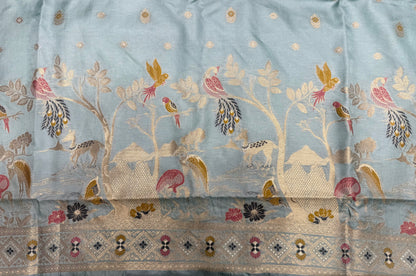 Madhubani Soft Silk dress material (Aqua Blue)