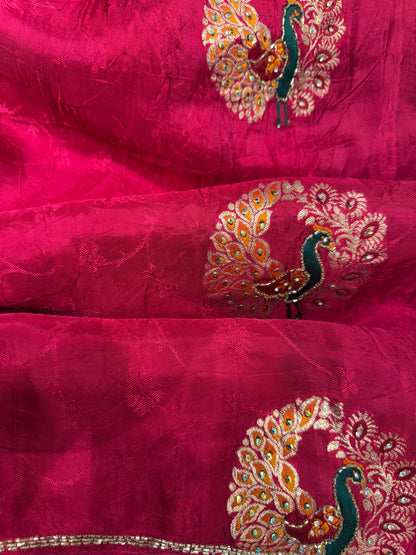 Fancy embroidery Silk Saree (Cherry Red)