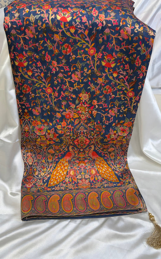 Kalamkari Ajrakh Silk Saree (Navy Blue)