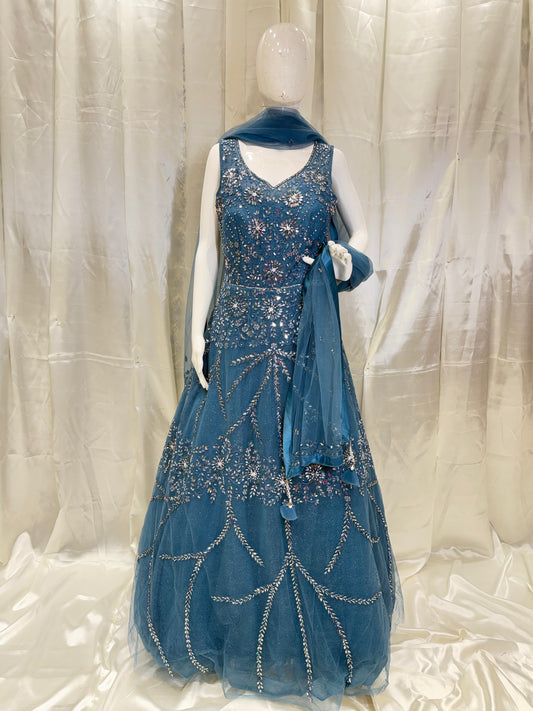 Net Hand Work Bridal Wear Dress (Peacock Blue)
