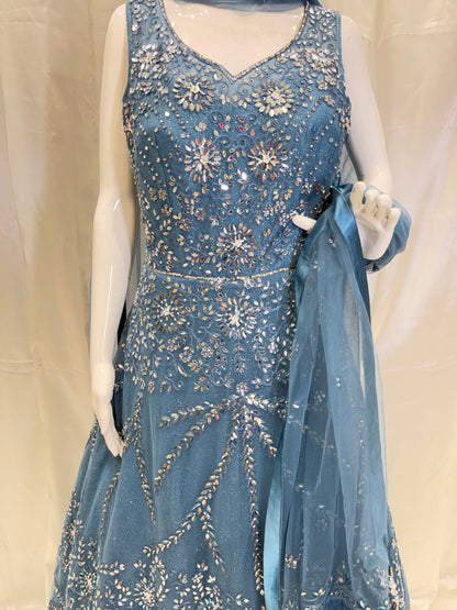 Net Hand Work Bridal Wear Dress (Peacock Blue)