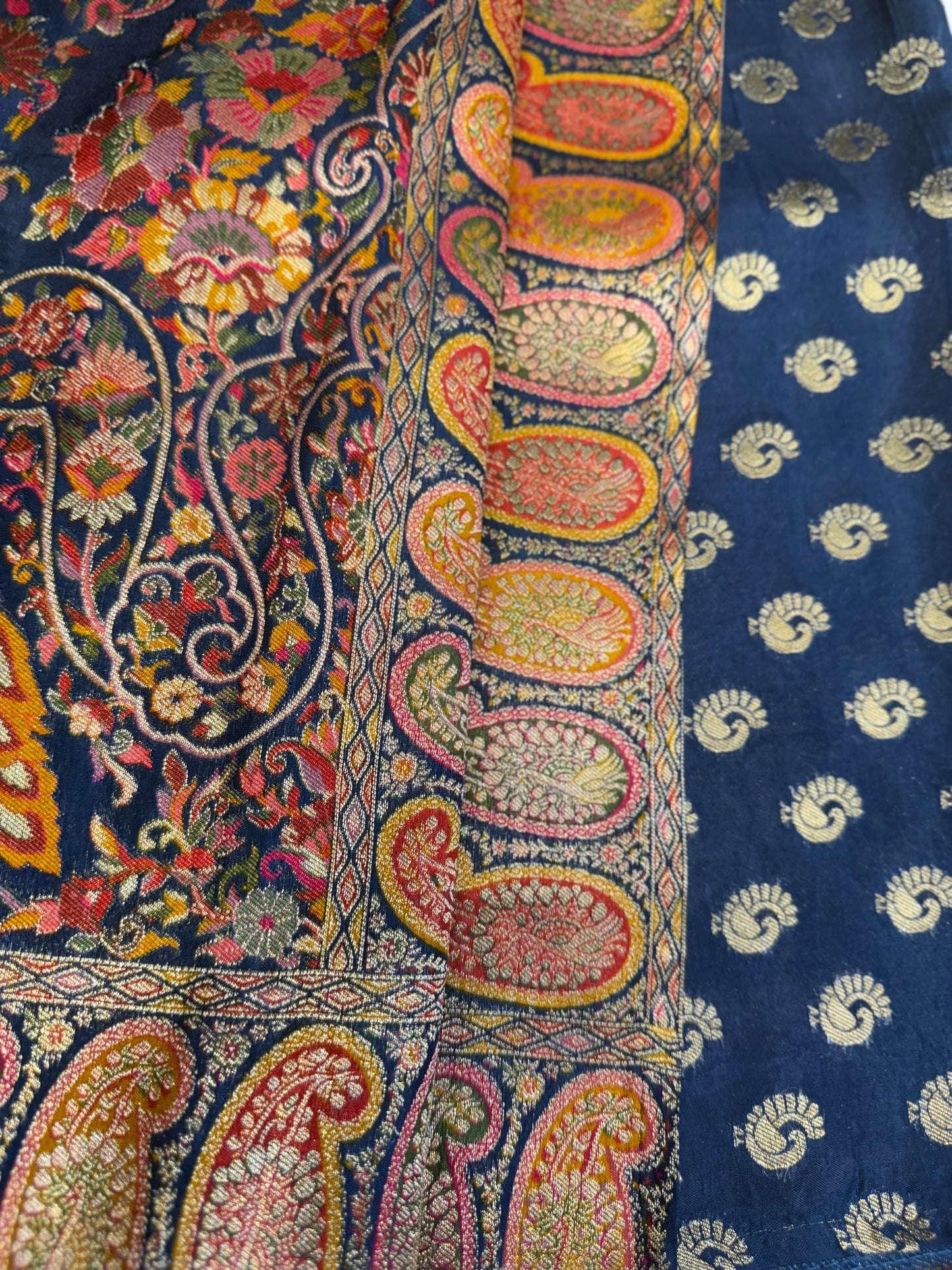Kalamkari Ajrakh Silk Saree (Navy Blue)