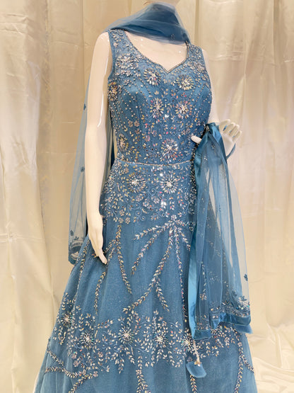 Net Hand Work Bridal Wear Dress (Peacock Blue)