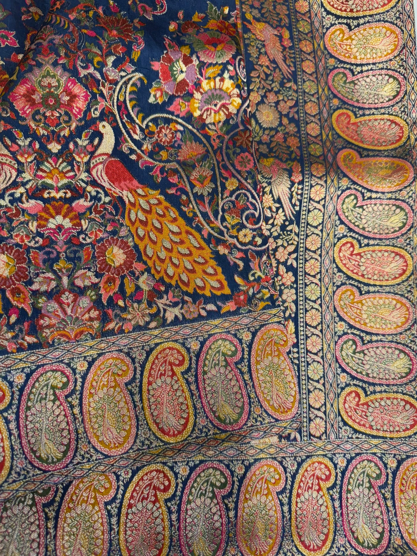 Kalamkari Ajrakh Silk Saree (Navy Blue)