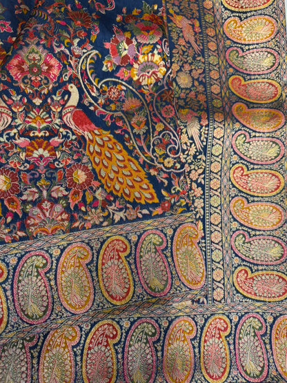 Kalamkari Ajrakh Silk Saree (Navy Blue)
