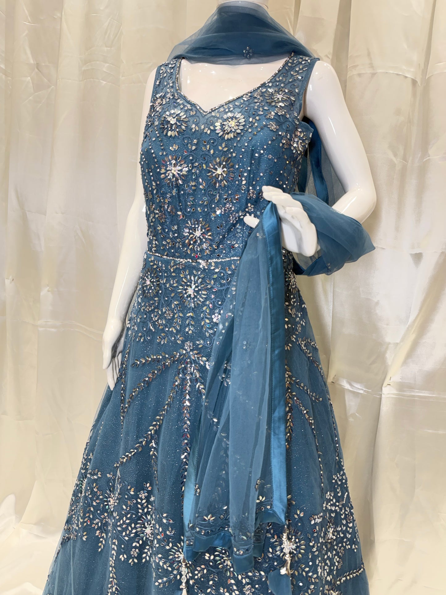 Net Hand Work Bridal Wear Dress (Peacock Blue)