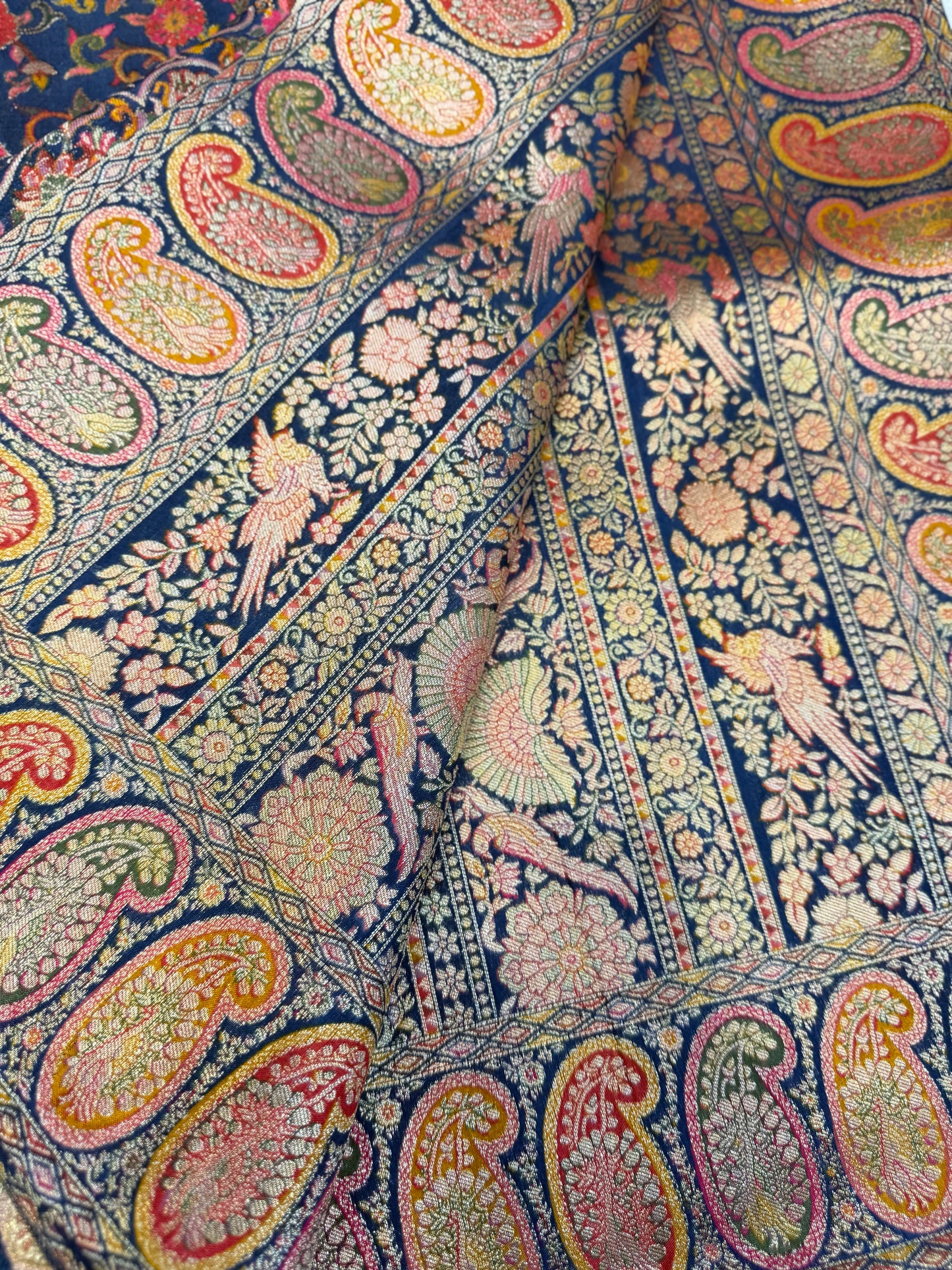 Kalamkari Ajrakh Silk Saree (Navy Blue)