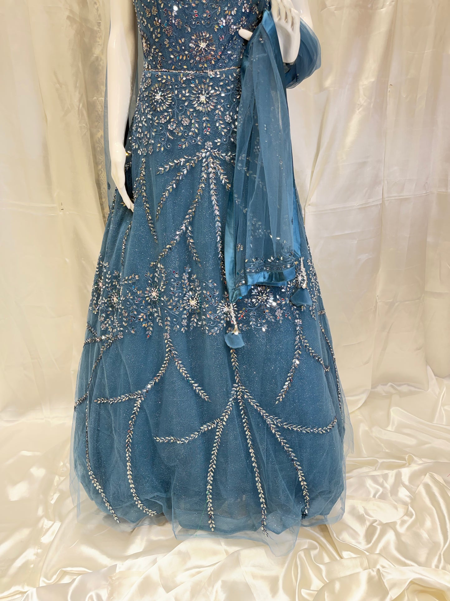 Net Hand Work Bridal Wear Dress (Peacock Blue)