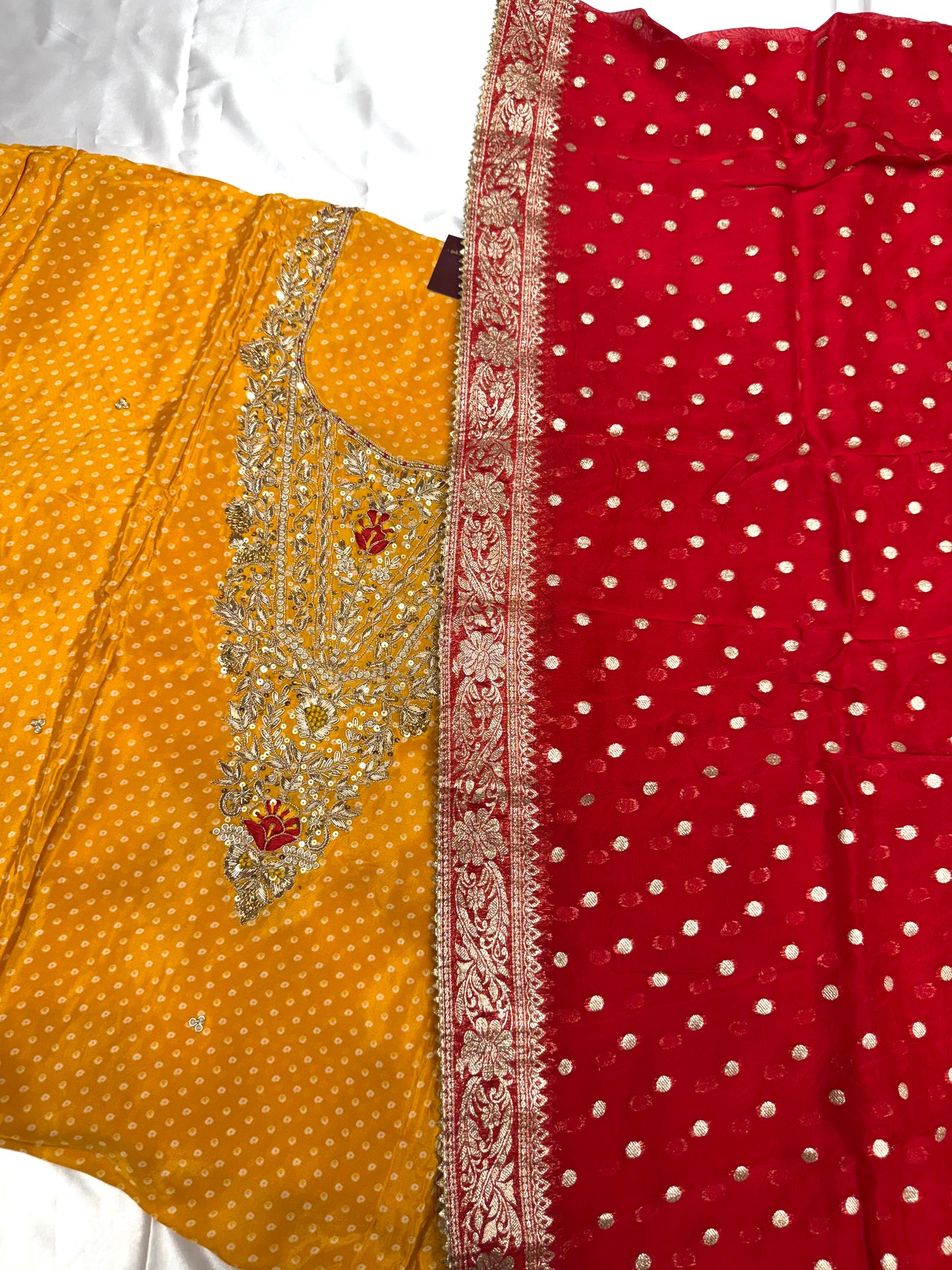 Crape Silk Zardozi Dress Material with contrast Dupatta(Yellow)