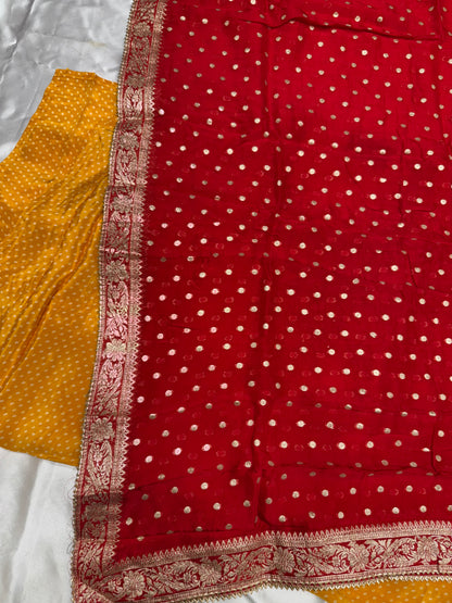 Crape Silk Zardozi Dress Material with contrast Dupatta(Yellow)