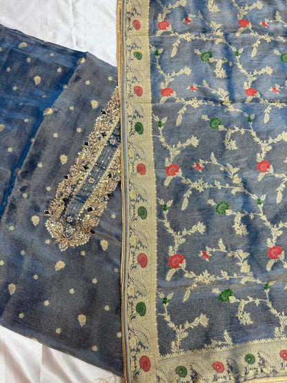 Designer Chiniya Tissue with brocade Dupatta(Steel Grey)