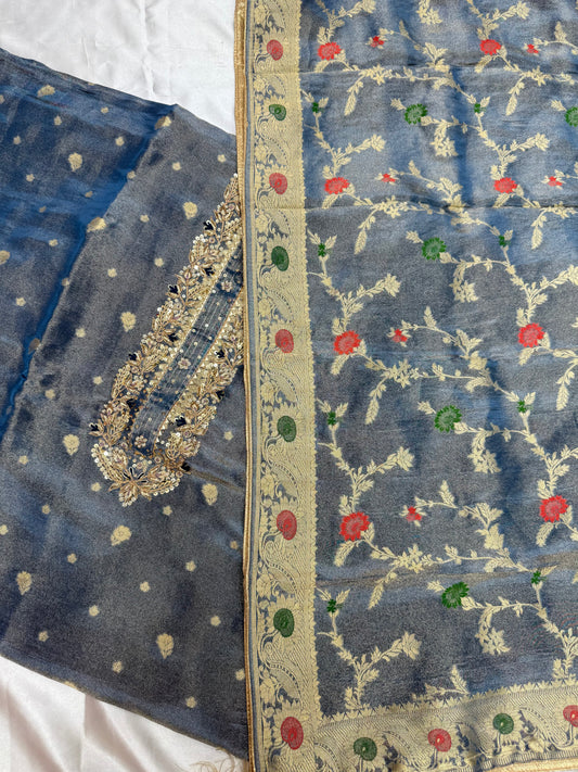 Designer Chiniya Tissue with brocade Dupatta(Steel Grey)
