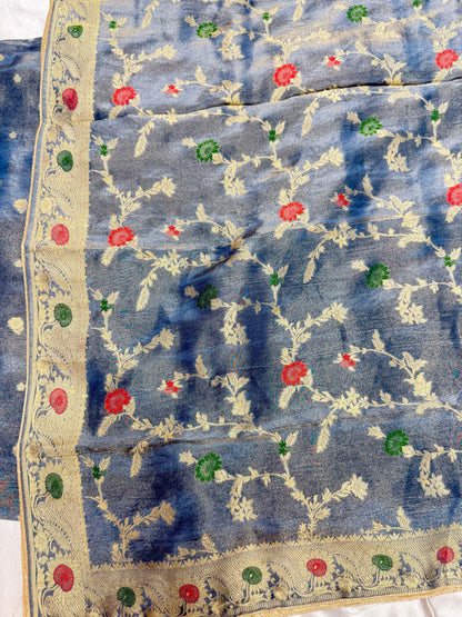 Designer Chiniya Tissue with brocade Dupatta(Steel Grey)