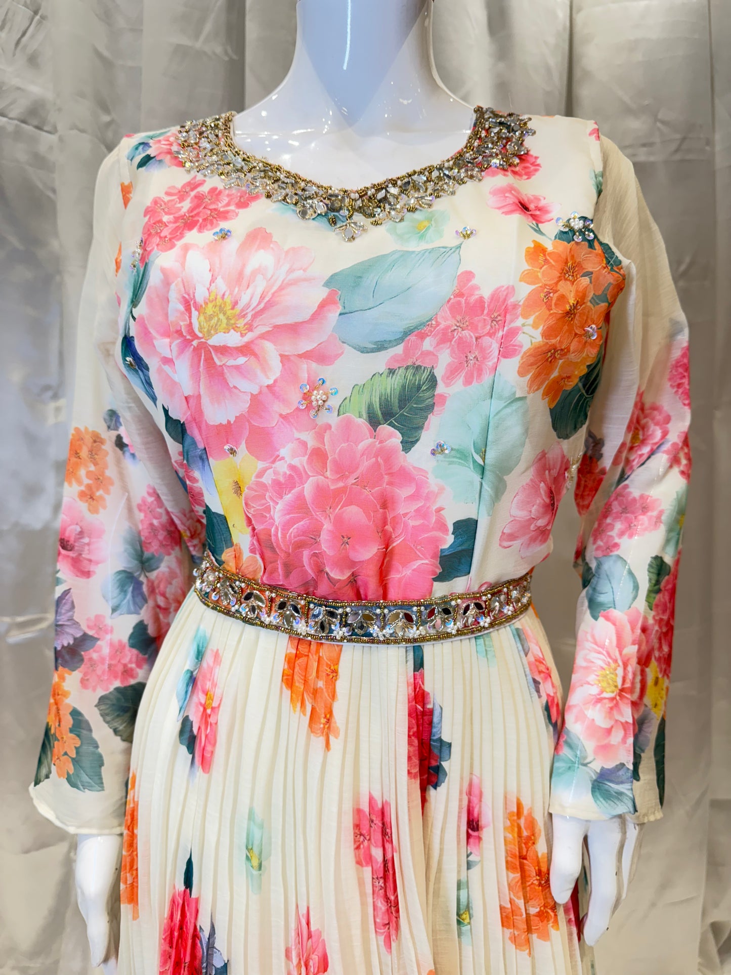 Floral Chiffon Gown (Off White)