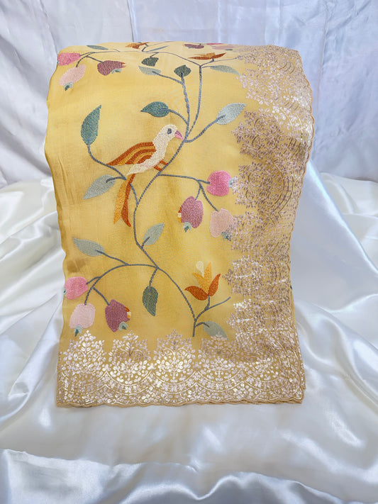 Orange Designer Silk Saree (Lemon Yellow)