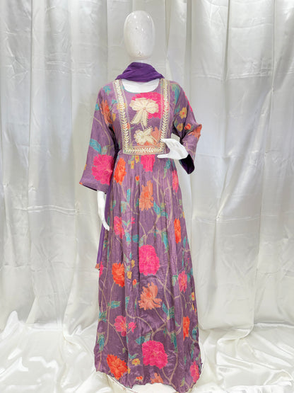 Soft Crepe Silk Digital Print Gown (Mauve)
