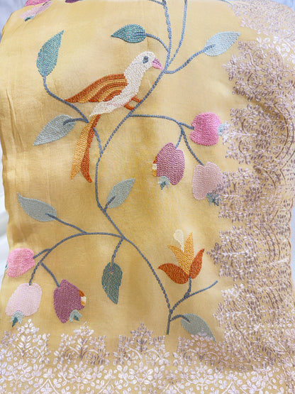 Orange Designer Silk Saree (Lemon Yellow)