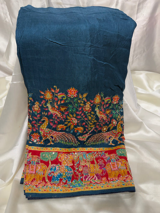 Madhubani Embroidery Silk Saree (Navy Blue)