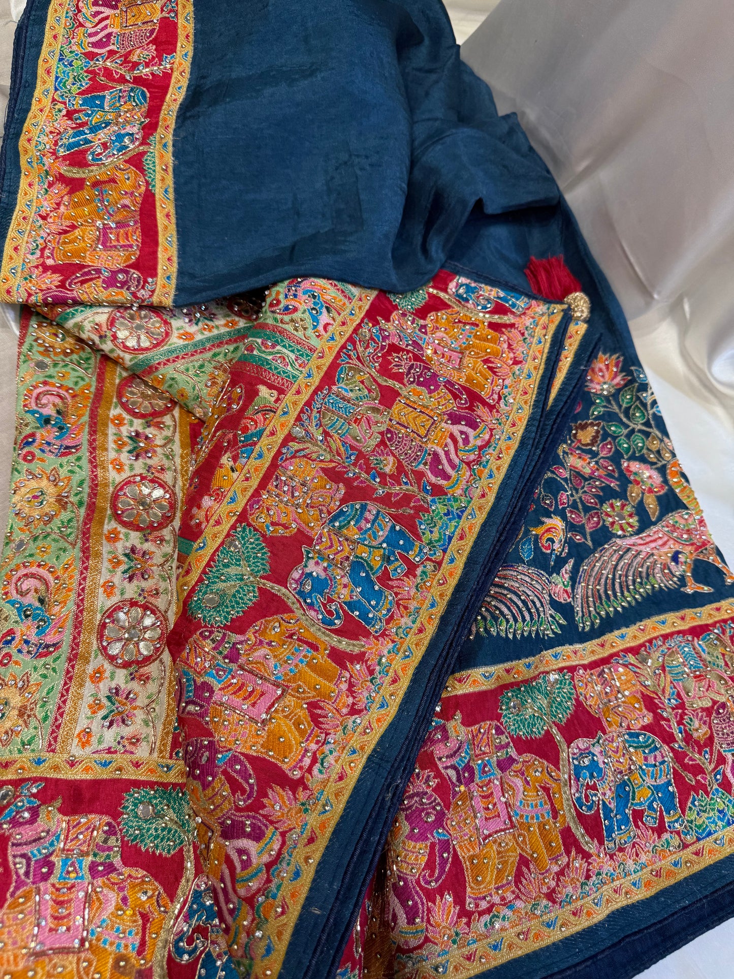 Madhubani Embroidery Silk Saree (Navy Blue)