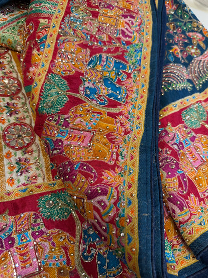 Madhubani Embroidery Silk Saree (Navy Blue)