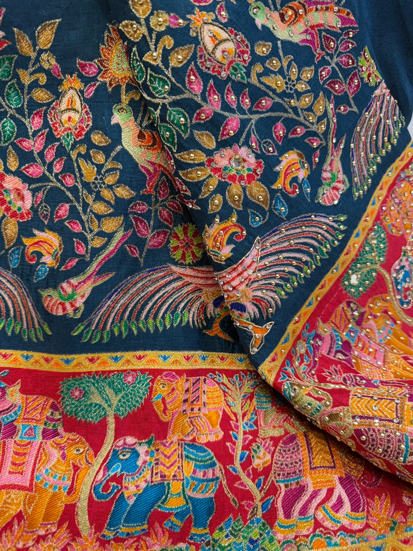 Madhubani Embroidery Silk Saree (Navy Blue)
