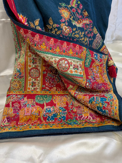 Madhubani Embroidery Silk Saree (Navy Blue)