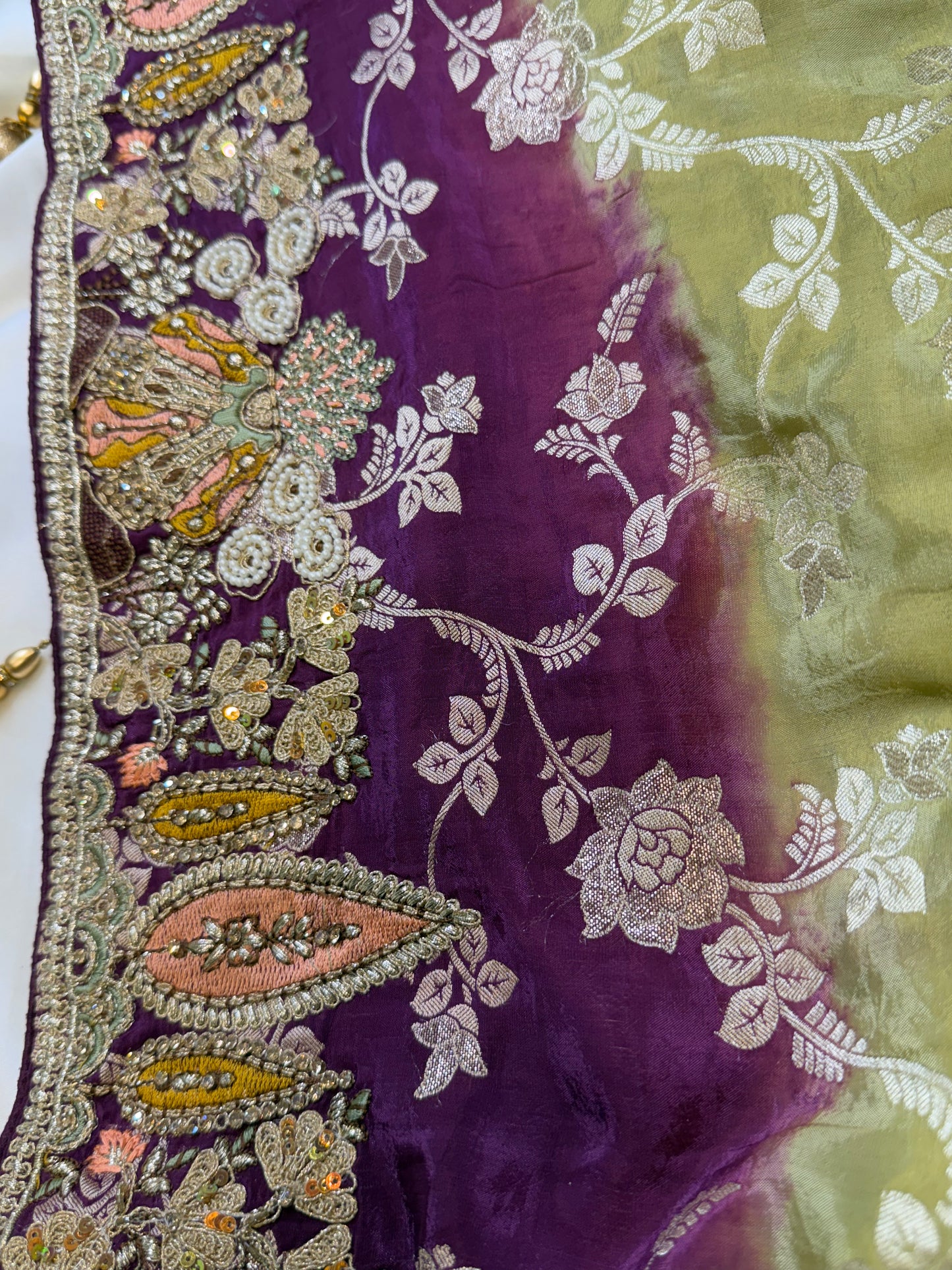 Brocade Handwork Silk Saree (Mehandi)