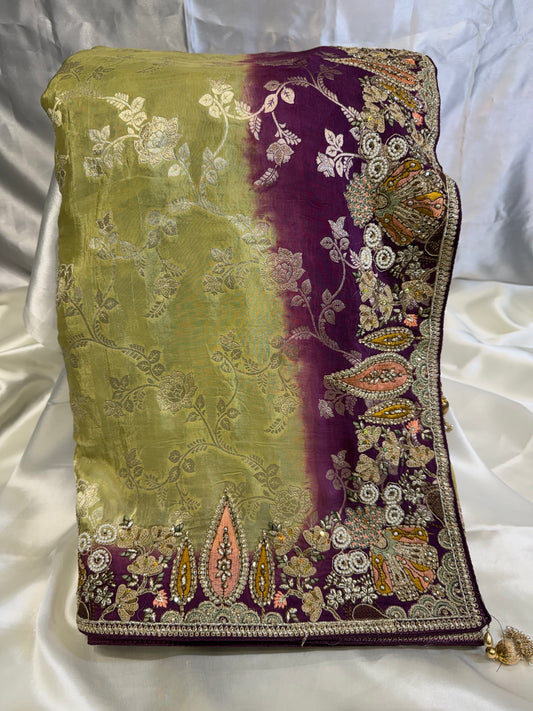 Brocade Handwork Silk Saree (Mehandi)