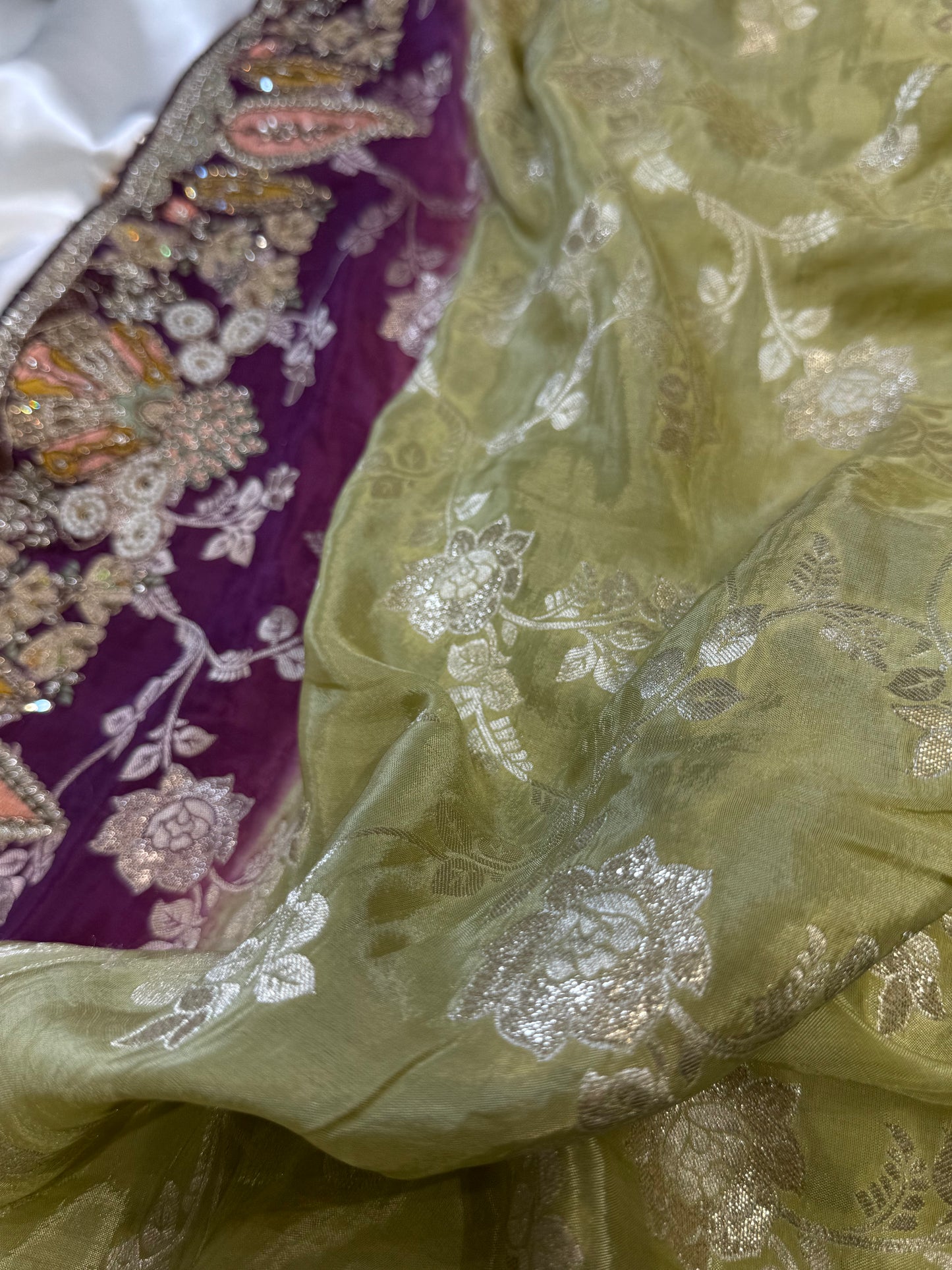 Brocade Handwork Silk Saree (Mehandi)
