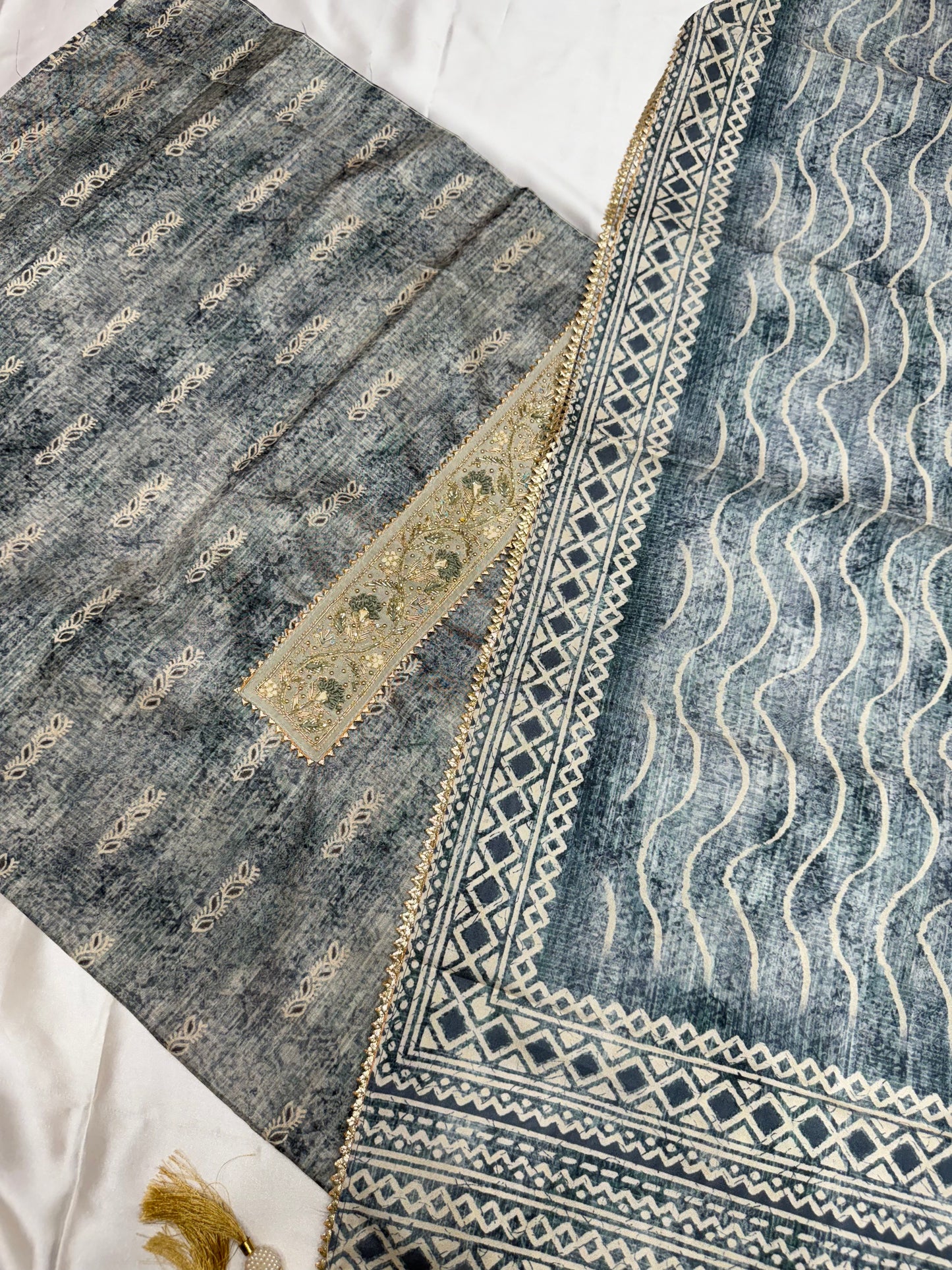Designer Raw silk dress material (Dark Grey)