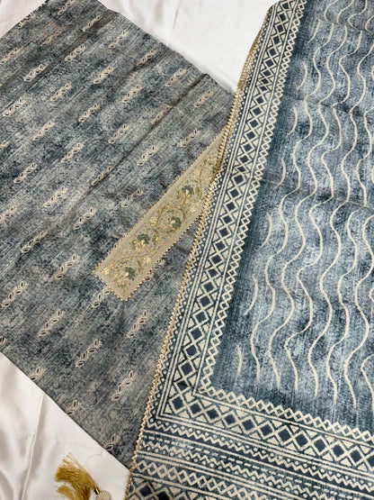 Designer Raw silk dress material (Dark Grey)