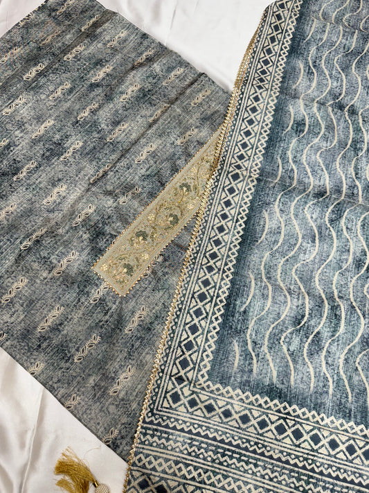 Designer Raw silk dress material (Dark Grey)