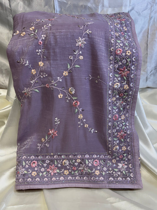 Diamond Chiffon with Resham work Silk Saree (Purple)