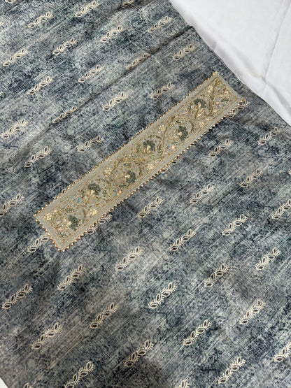 Designer Raw silk dress material (Dark Grey)