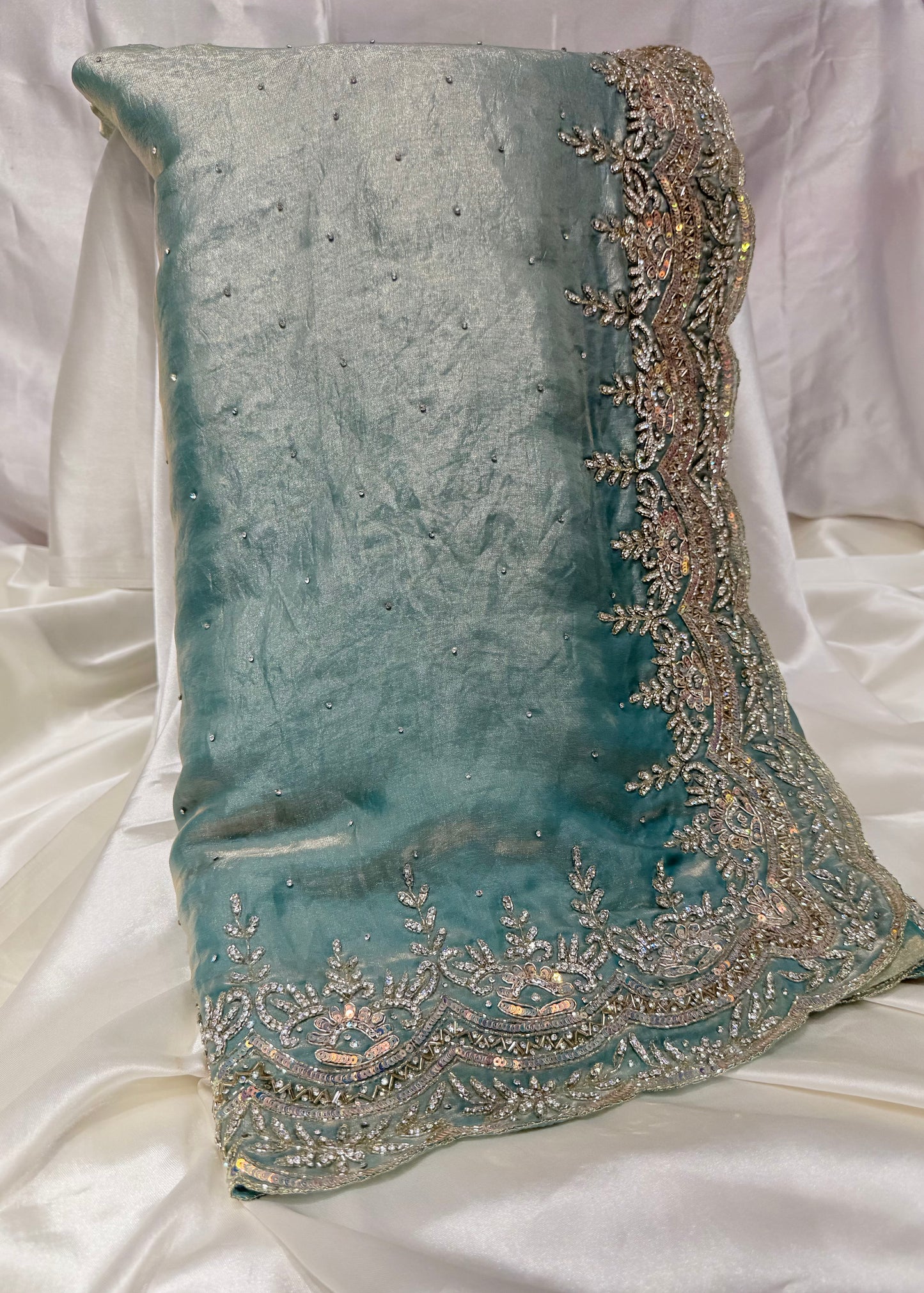 Tissue Crush Saree Zardozi Work (Sea Green)
